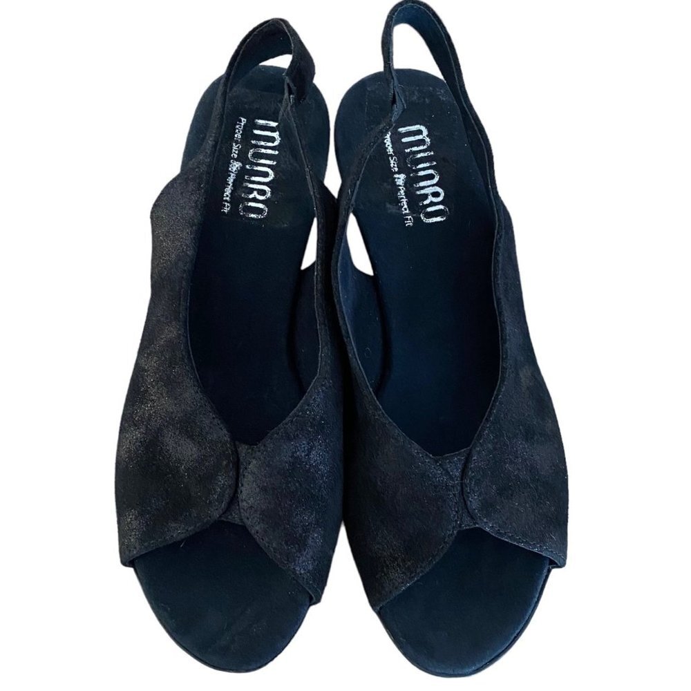NEW Munro WIDE Rochelle Glitter Metallic Black Suede Slingback Peep Toe Shoes